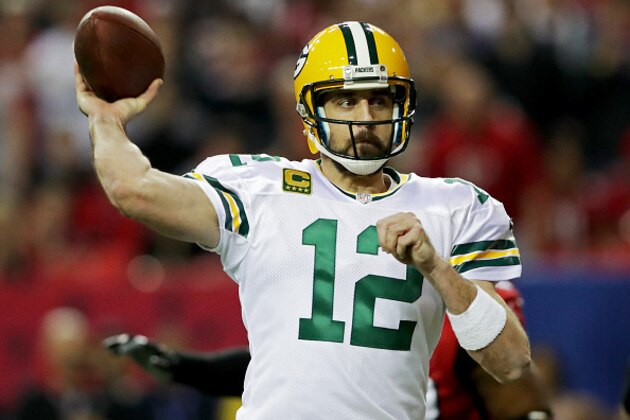 ATLANTA, GA - JANUARY 22:  Aaron Rodgers #12 of the Green Bay Packers looks to pass against the Atlanta Falcons during the third quarter in the NFC Championship Game at the Georgia Dome on January 22, 2017 in Atlanta, Georgia.  (Photo by Streeter Lecka/Getty Images)