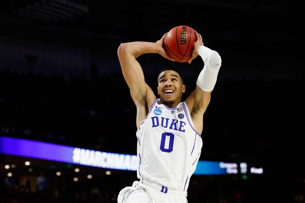 GREENVILLE, SC - MARCH 17:  Jayson Tatum #0 of the Duke Blue Devils dunks against the Troy Trojans in the first half during the first round of the 2017 NCAA Men's Basketball Tournament at Bon Secours Wellness Arena on March 17, 2017 in Greenville, South Carolina.  (Photo by Gregory Shamus/Getty Images)