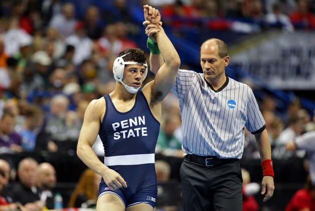 ST. LOUIS, MO - MARCH 17: Vincenzo Joseph of the Penn State Nittany Lions gets his hand raised after defeating Daniel Lewis of the Missouri Tigers in their quarterfinal match during session three of the NCAA Wrestling Championships on March 17, 2017 at the Scottrade Center in St. Louis, Missouri. (Photo by Hunter Martin/Getty Images)