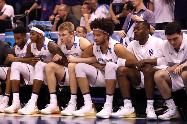 SALT LAKE CITY, UT - MARCH 16:  The Northwestern Wildcats bench look on late in the second half against the Vanderbilt Commodores during the first round of the 2017 NCAA Men's Basketball Tournament at Vivint Smart Home Arena on March 16, 2017 in Salt Lake City, Utah.  (Photo by Christian Petersen/Getty Images)