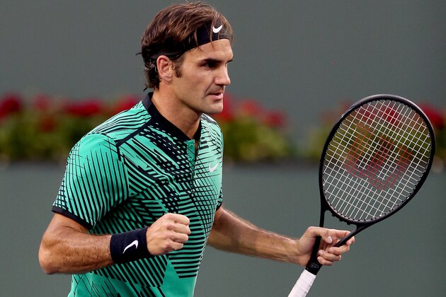 INDIAN WELLS, CA - MARCH 14:  Roger Federer of Switzerland celebrates match point against Steve Johnson during the BNP Paribas Open at the Indian Wells Tennis Garden on March 14, 2017 in Indian Wells, California.  (Photo by Matthew Stockman/Getty Images)