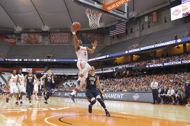 Syracuse's Andrew White III shoots during the first half of an NCAA college basketball game against UNC Greensboro in the NIT in Syracuse, N.Y., Wednesday, March 15, 2017. Syracuse won 90-77. (AP Photo/Nick Lisi)