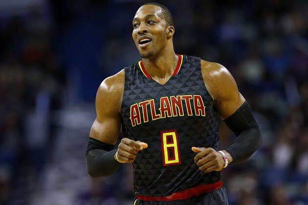 NEW ORLEANS, LA - JANUARY 05:  Dwight Howard #8 of the Atlanta Hawks reacts during a game at the Smoothie King Center on January 5, 2017 in New Orleans, Louisiana. NOTE TO USER: User expressly acknowledges and agrees that, by downloading and or using this photograph, User is consenting to the terms and conditions of the Getty Images License Agreement.  (Photo by Jonathan Bachman/Getty Images)