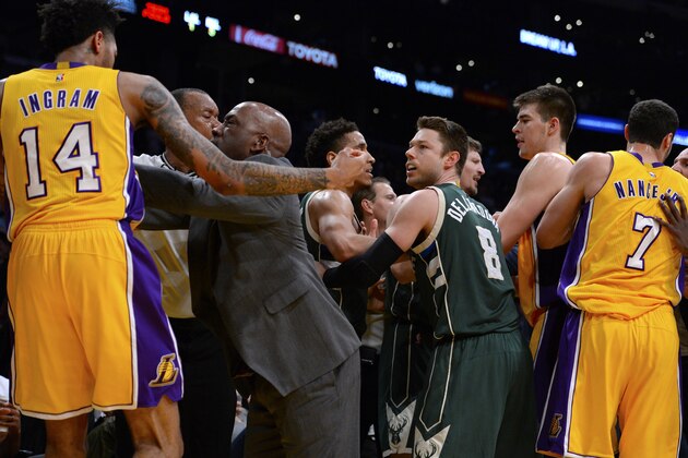 LOS ANGELES, CA - MARCH 17:  Matthew Dellavedova #8 of the Milwaukee Bucks is part of a scuffle that also involves Brandon Ingram #14, Ivica Zubac #40 and Larry Nance Jr. #7 of the Los Angeles Lakers on March 17, 2017 at STAPLES Center in Los Angeles, California. NOTE TO USER: User expressly acknowledges and agrees that, by downloading and or using this photograph, User is consenting to the terms and conditions of the Getty Images License Agreement.  (Photo by Robert Laberge/Getty Images)