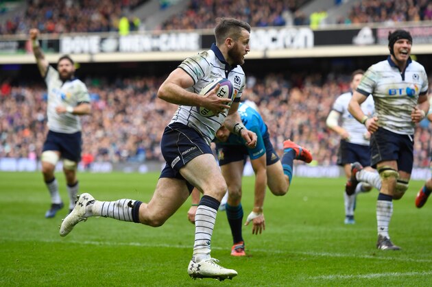 EDINBURGH, SCOTLAND - MARCH 18:  Tommy Seymour of Scotland scores his team's fourth try during the RBS Six Nations match between Scotland and Italy at Murrayfield Stadium on March 18, 2017 in Edinburgh, Scotland.  (Photo by Stu Forster/Getty Images)
