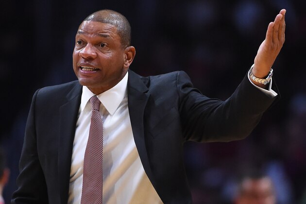 LOS ANGELES, CA - JANUARY 11: Doc Rivers, head coach of the Los Angeles Clippers, questions a call in the second half of the game against the Orlando Magic at Staples Center on January 11, 2017 in Los Angeles, California.  NOTE TO USER: User expressly acknowledges and agrees that, by downloading and or using this photograph, User is consenting to the terms and conditions of the Getty Images License Agreement (Photo by Jayne Kamin-Oncea/Getty Images)