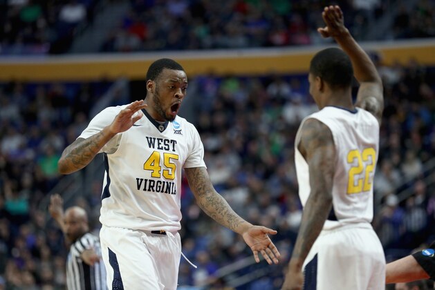 BUFFALO, NY - MARCH 18:  Elijah Macon #45 of the West Virginia Mountaineers reacts after a play against the Notre Dame Fighting Irish during the second round of the 2017 NCAA Men's Basketball Tournament at KeyBank Center on March 18, 2017 in Buffalo, New York.  (Photo by Maddie Meyer/Getty Images)