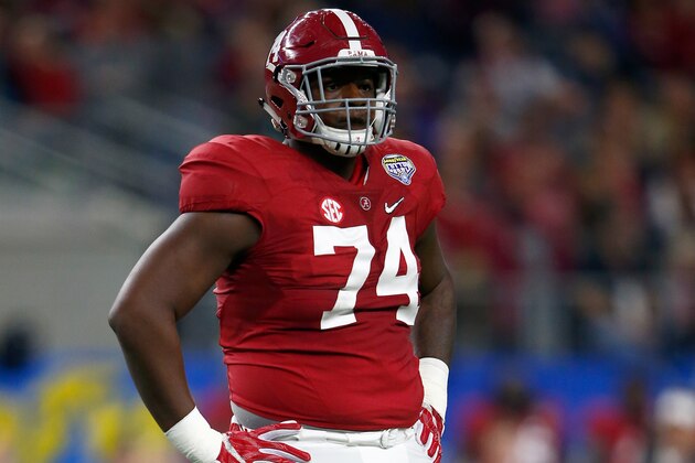 ARLINGTON, TX - DECEMBER 31:  Cam Robinson #74 of the Alabama Crimson Tide looks on against the Michigan State Spartans during the Goodyear Cotton Bowl at AT&T Stadium on December 31, 2015 in Arlington, Texas.  (Photo by Jamie Squire/Getty Images)