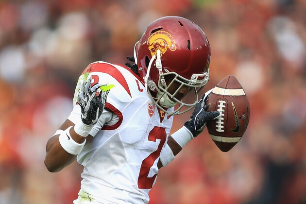 PASADENA, CA - JANUARY 02:  Defensive back Adoree' Jackson #2 of the USC Trojans reacts against the Penn State Nittany Lions during the 2017 Rose Bowl Game presented by Northwestern Mutual at the Rose Bowl on January 2, 2017 in Pasadena, California.  (Photo by Sean M. Haffey/Getty Images)