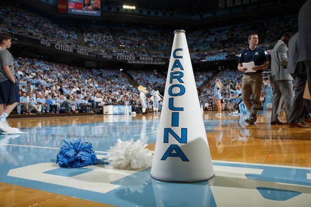 CHAPEL HILL, NC - NOVEMBER 13: A general view of a megaphone from a cheerleader of the North Carolina Tar Heels sits on the court during a game against the Chattanooga Mocs on November 13, 2016 at the Dean Smith Center on November 13, 2016 in Chapel Hill, North Carolina. North Carolina won 97-57. (Photo by Peyton Williams/UNC/Getty Images)