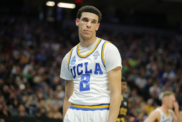 Mar 17, 2017; Sacramento, CA, USA; UCLA Bruins guard Lonzo Ball (2) reacts on the court against the Kent State Golden Flashes in the first round of the 2017 NCAA Tournament at Golden 1 Center. Mandatory Credit: Kelley L Cox-USA TODAY Sports