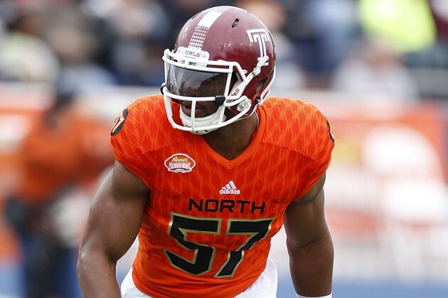 MOBILE, AL - JANUARY 28:  Haason Reddick #57 of the North team warms up during the Reese's Senior Bowl at the Ladd-Peebles Stadium on January 28, 2017 in Mobile, Alabama.  (Photo by Jonathan Bachman/Getty Images)
