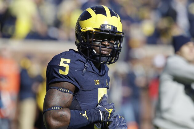 Michigan linebacker Jabrill Peppers (5) is seen during pre game of an NCAA college football game against Illinois, Saturday, Oct. 22, 2016 in Ann Arbor, Mich. (AP Photo/Carlos Osorio)