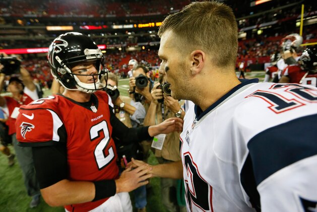 ATLANTA, GA - SEPTEMBER 29:  Tom Brady #12 of the New England Patriots is congratulated by Matt Ryan #2 of the Atlanta Falcons after their 30-23 win at Georgia Dome on September 29, 2013 in Atlanta, Georgia.  (Photo by Kevin C. Cox/Getty Images)