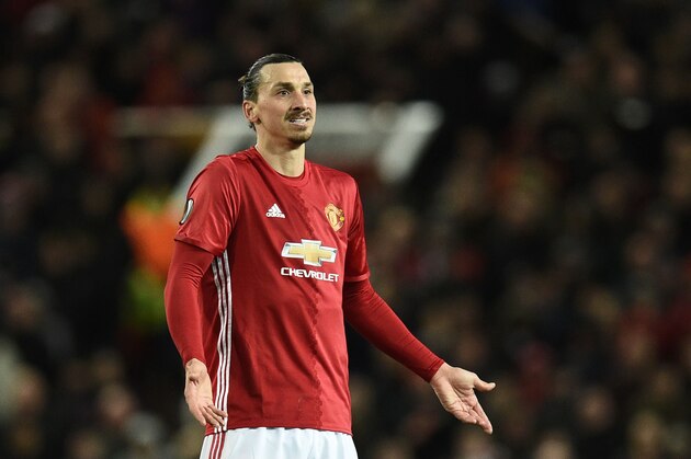TOPSHOT - Manchester United's Swedish striker Zlatan Ibrahimovic reacts during the UEFA Europa League round of 16 second-leg football match between Manchester United and FC Rostov at Old Trafford stadium in Manchester, north-west England, on March 16, 2017. / AFP PHOTO / Oli SCARFF        (Photo credit should read OLI SCARFF/AFP/Getty Images)