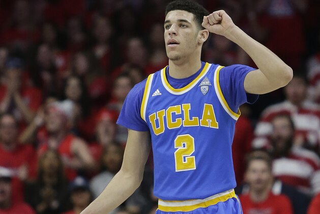 UCLA guard Lonzo Ball (2) during the first half of an NCAA college basketball game against Arizona, Saturday, Feb. 25, 2017, in Tucson, Ariz. (AP Photo/Rick Scuteri)