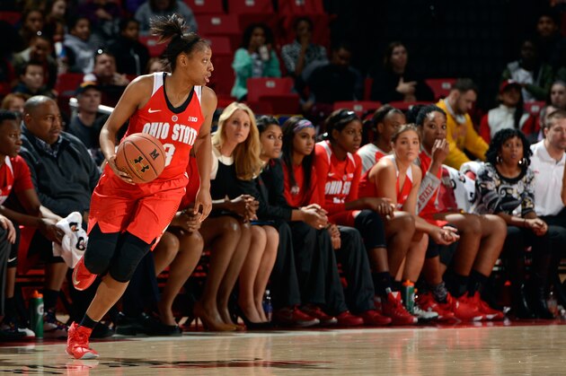 COLLEGE PARK, MD - JANUARY 02:  Kelsey Mitchell #3 of the Ohio State Buckeyes handles the ball against the Maryland Terrapins at the Xfinity Center on January 2, 2016 in College Park, Maryland.  (Photo by G Fiume/Maryland Terrapins/Getty Images)