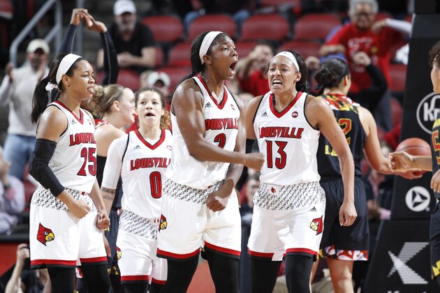 LOUISVILLE, KY - DECEMBER 1: Myisha Hines-Allen #2, Cortnee Walton #13 and Asia Durr #25 of the Louisville Cardinals react during the game against the Maryland Terrapins at KFC YUM! Center on December 1, 2016 in Louisville, Kentucky. Maryland defeated Louisville 78-72. (Photo by Joe Robbins/Getty Images)