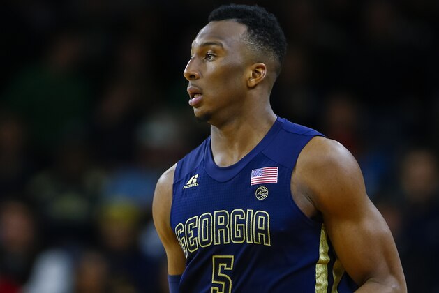 SOUTH BEND, IN - FEBRUARY 26: Josh Okogie #5 of the Georgia Tech Yellow Jackets brings the ball up court during the game against the Notre Dame Fighting Irish at Purcell Pavilion on February 26, 2017 in South Bend, Indiana.  (Photo by Michael Hickey/Getty Images)