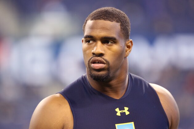 Alabama defensive end Jonathan Allen is seen before a drill at the 2017 NFL football scouting combine Sunday, March 5, 2017, in Indianapolis. (AP Photo/Gregory Payan)