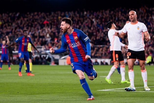 BARCELONA, SPAIN - MARCH 19:  Lionel Messi of FC Barcelona celebrates after scoring his team's third goal during the La Liga match between FC Barcelona and Valencia CF at Camp Nou stadium on March 19, 2017 in Barcelona, Spain.  (Photo by Alex Caparros/Getty Images)