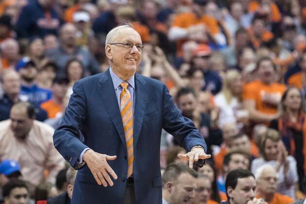 SYRACUSE, NY - FEBRUARY 22:  Head coach Jim Boeheim of the Syracuse Orange smiles in appreciation of his team's effort during the first half against the Duke Blue Devils on February 22, 2017 at The Carrier Dome in Syracuse, New York. Syracuse upsets Duke 78-75.  (Photo by Brett Carlsen/Getty Images)