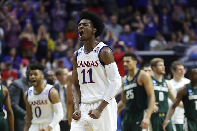 TULSA, OK - MARCH 19:  Josh Jackson #11 of the Kansas Jayhawks reacts against the Michigan State Spartans during the second round of the 2017 NCAA Men's Basketball Tournament at BOK Center on March 19, 2017 in Tulsa, Oklahoma.  (Photo by Ronald Martinez/Getty Images)