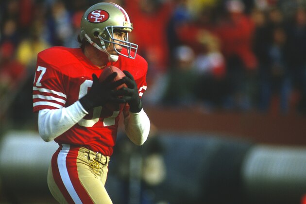 SAN FRANCISCO, CA - CIRCA 1986: Dwight Clark #87 of the San Francisco 49ers runs with the ball after a catch during an NFL football game at Candlestick Park circa 1986 in San Francisco, California. Clark played for the 49ers from 1979-87. (Photo by Focus on Sport/Getty Images) SAN FRANCISCO, CA - CIRCA 1986: Dwight Clark #87 of the San Francisco 49ers runs with the ball after a catch during an NFL football game at Candlestick Park circa 1986 in San Francisco, California. Clark played for the 49ers from 1979-87. (Photo by Focus on Sport/Getty Images)