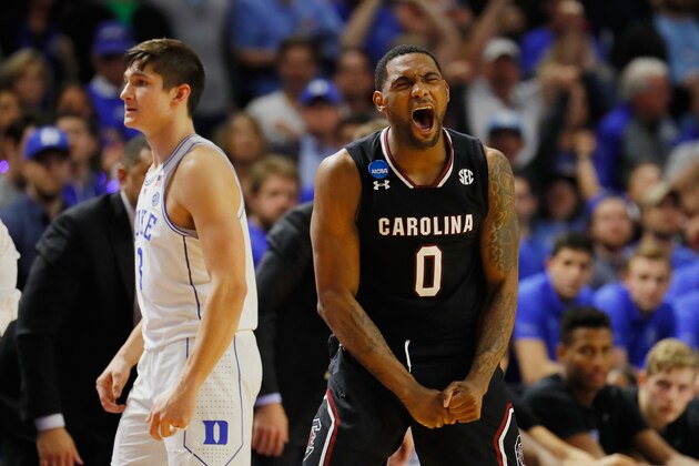 GREENVILLE, SC - MARCH 19:  Sindarius Thornwell #0 of the South Carolina Gamecocks reacts in the second half against the Duke Blue Devils during the second round of the 2017 NCAA Men's Basketball Tournament at Bon Secours Wellness Arena on March 19, 2017 in Greenville, South Carolina.  (Photo by Kevin C. Cox/Getty Images)