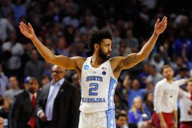GREENVILLE, SC - MARCH 19:   Joel Berry II #2 of the North Carolina Tar Heels reacts after defeating the Arkansas Razorbacks 72-65 in the second round of the 2017 NCAA Men's Basketball Tournament at Bon Secours Wellness Arena on March 19, 2017 in Greenville, South Carolina.  (Photo by Kevin C. Cox/Getty Images)