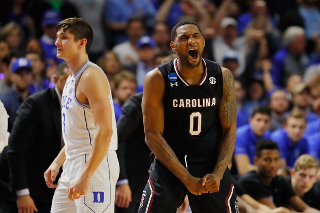 GREENVILLE, SC - MARCH 19:  Sindarius Thornwell #0 of the South Carolina Gamecocks reacts in the second half against the Duke Blue Devils during the second round of the 2017 NCAA Men's Basketball Tournament at Bon Secours Wellness Arena on March 19, 2017 in Greenville, South Carolina.  (Photo by Kevin C. Cox/Getty Images)