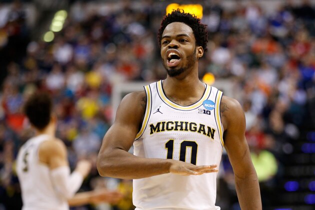 INDIANAPOLIS, IN - MARCH 17:  Derrick Walton Jr. #10 of the Michigan Wolverines reacts against the Oklahoma State Cowboys during the first round of the 2017 NCAA Men's Basketball Tournament at Bankers Life Fieldhouse on March 17, 2017 in Indianapolis, Indiana.  (Photo by Joe Robbins/Getty Images)
