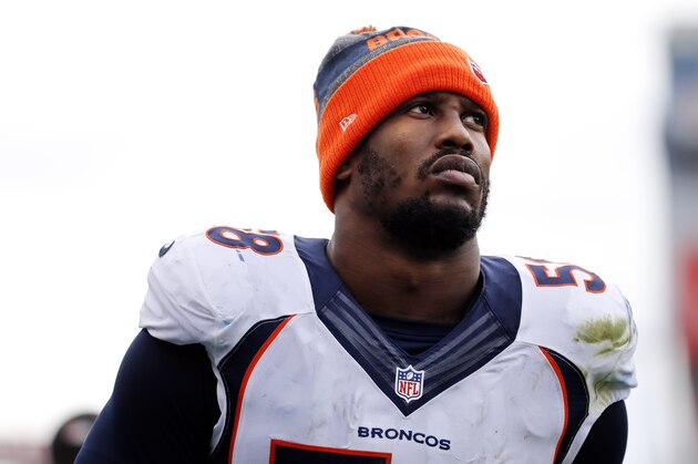 This Dec. 11, 2016 photo shows Denver Broncos outside linebacker Von Miller walking onto the field for the second half of an NFL football game against the Tennessee Titans in Nashville, Tenn.  Only three teams in the AFC have double digit wins and Denver faces all of them to close out the season. Von Miller is asking the Broncos faithful for a little bit of, well, faith, saying,