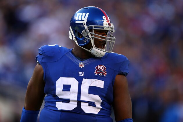 EAST RUTHERFORD, NJ - OCTOBER 05:  Defensive tackle Johnathan Hankins #95 of the New York Giants celebrates after sacking quarterback Matt Ryan #2 of the Atlanta Falcons in the fourth quarter of their game at MetLife Stadium on October 5, 2014 in East Rutherford, New Jersey.  (Photo by Elsa/Getty Images)