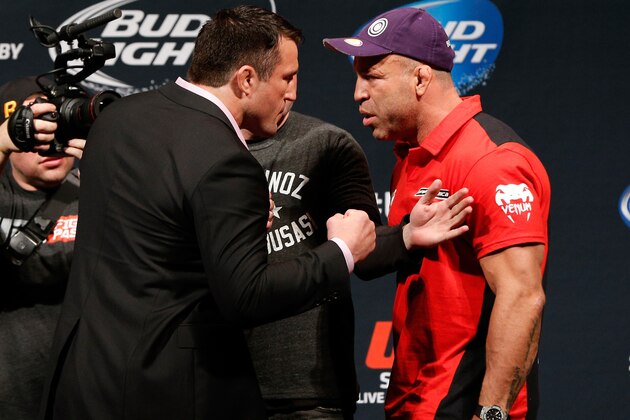 LAS VEGAS, NV - MAY 23:  (L-R) Opponents Chael Sonnen and Wanderlei Silva face off during the UFC press conference at the MGM Grand Garden Arena on May 23, 2014 in Las Vegas, Nevada.  (Photo by Josh Hedges/Zuffa LLC/Zuffa LLC via Getty Images)