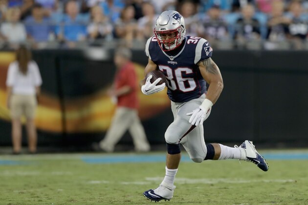CHARLOTTE, NC - AUGUST 26: Tyler Gaffney #36 of the New England Patriots runs the ball against the Carolina Panthers in the 2nd quarter during their game at Bank of America Stadium on August 26, 2016 in Charlotte, North Carolina. (Photo by Streeter Lecka/Getty Images) CHARLOTTE, NC - AUGUST 26: Tyler Gaffney #36 of the New England Patriots runs the ball against the Carolina Panthers in the 2nd quarter during their game at Bank of America Stadium on August 26, 2016 in Charlotte, North Carolina. (Photo by Streeter Lecka/Getty Images)