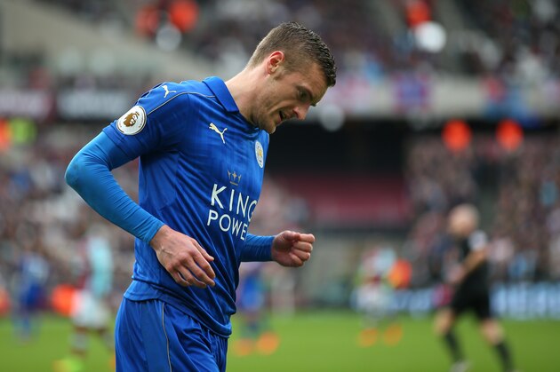 STRATFORD, ENGLAND - MARCH 18: Jamie Vardy of Leicester City during the Premier League match between West Ham United and Leicester City at London Stadium on March 18, 2017 in Stratford, England. (Photo by Catherine Ivill - AMA/Getty Images)
