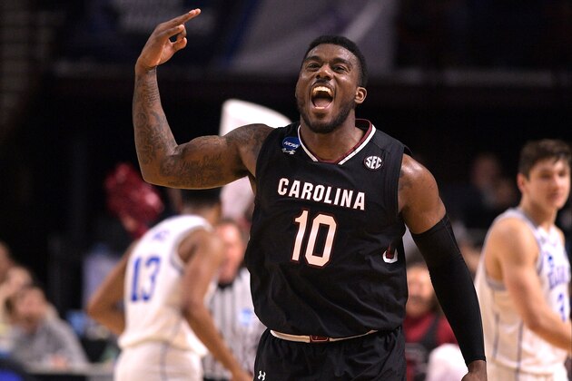 GREENVILLE, SC - MARCH 19: Duane Notice #10 of the South Carolina Gamecocks reacts during their game against the Duke Blue Devils during the second round of the 2017 NCAA Men's Basketball Tournament at Bon Secours Wellness Arena on March 19, 2017 in Greenville, South Carolina. (Photo by Lance King/Getty Images)