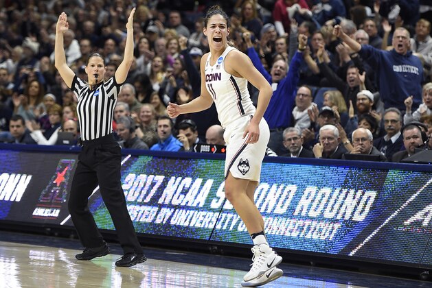 Connecticut's Kia Nurse reacts after hitting a 3-point basket in the first half of a second-round game against Syracuse in the NCAA women's college basketball tournament, Monday, March 20, 2017, in Storrs, Conn. (AP Photo/Jessica Hill)