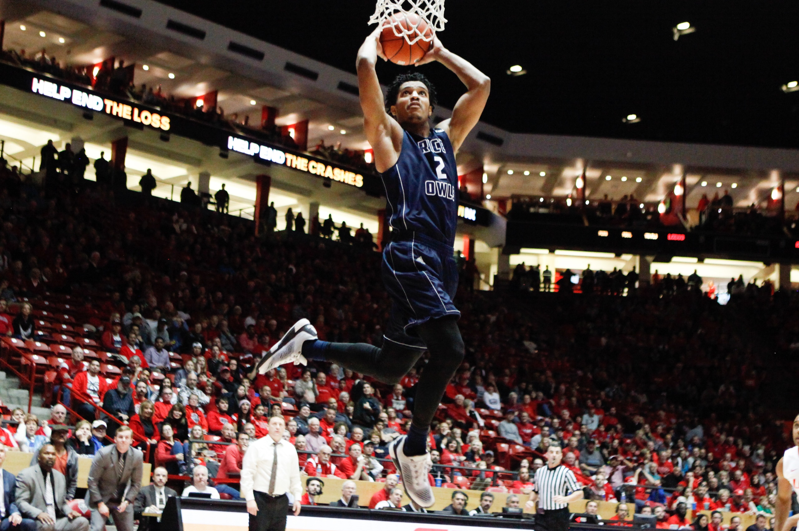 ALBUQUERQUE, NM - DECEMBER 19: Marcus Evans #2  of the Rice University Owls sails to the basket for a two pointer during their game against the New Mexico Lobos at The Wise Pies Arena on December 19, 2015 in Albuquerque, New Mexico. Rice University won 90-89. (Photo by Aaron Sweet/Getty Images)