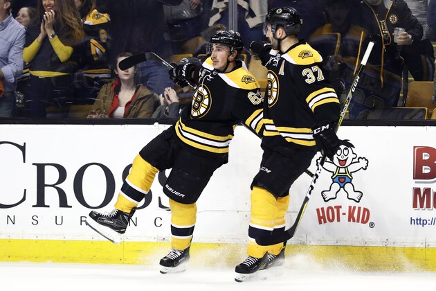 BOSTON, MA - MARCH 8: Brad Marchand #63 of the Boston Bruins celebrates with Patrice Bergeron #37 after scoring against the Detroit Red Wings during the first period at TD Garden on March 8, 2017 in Boston, Massachusetts. (Photo by Maddie Meyer/Getty Images)