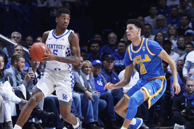LEXINGTON, KY - DECEMBER 03: Malik Monk #5 of the Kentucky Wildcats handles the ball against Lonzo Ball #2 of the UCLA Bruins during the game at Rupp Arena on December 3, 2016 in Lexington, Kentucky. UCLA defeated Kentucky 97-92. (Photo by Joe Robbins/Getty Images)