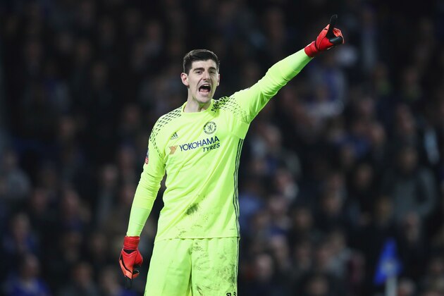 LONDON, ENGLAND - MARCH 13:  Thibaut Courtois of Chelsea signals during The Emirates FA Cup Quarter-Final match between Chelsea and Manchester United at Stamford Bridge on March 13, 2017 in London, England.  (Photo by Julian Finney/Getty Images)