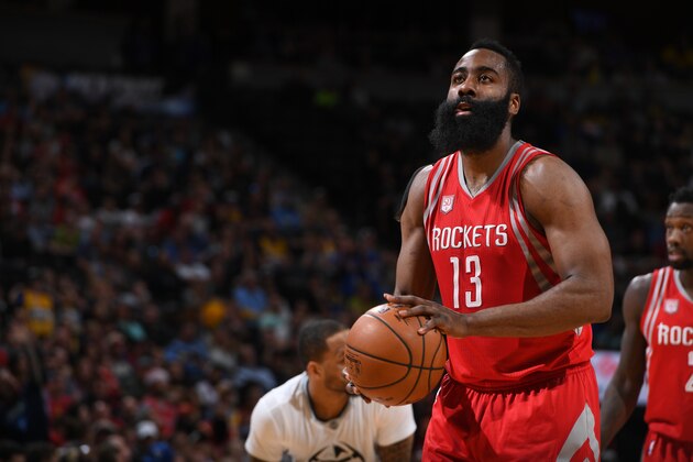 DENVER, CO - MARCH 18:  James Harden #13 of the Houston Rockets shoots a free throw against the Denver Nuggets on March 18, 2017 at the Pepsi Center in Denver, Colorado. NOTE TO USER: User expressly acknowledges and agrees that, by downloading and/or using this Photograph, user is consenting to the terms and conditions of the Getty Images License Agreement. Mandatory Copyright Notice: Copyright 2017 NBAE  (Photo by Garrett Ellwood/NBAE via Getty Images)