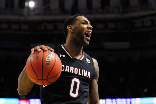 GREENVILLE, SC - MARCH 19:  Sindarius Thornwell #0 of the South Carolina Gamecocks reacts in the second half against the Duke Blue Devils during the second round of the 2017 NCAA Men's Basketball Tournament at Bon Secours Wellness Arena on March 19, 2017 in Greenville, South Carolina.  (Photo by Kevin C. Cox/Getty Images)