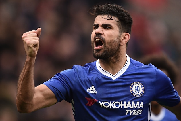 Chelsea's Brazilian-born Spanish striker Diego Costa celebrates their second goal during the English Premier League football match between Stoke City and Chelsea at the Bet365 Stadium in Stoke-on-Trent, central England on March 18, 2017. / AFP PHOTO / Oli SCARFF / RESTRICTED TO EDITORIAL USE. No use with unauthorized audio, video, data, fixture lists, club/league logos or 'live' services. Online in-match use limited to 75 images, no video emulation. No use in betting, games or single club/league/player publications.  /         (Photo credit should read OLI SCARFF/AFP/Getty Images)