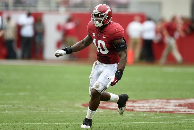 TUSCALOOSA, AL - APRIL 18:  Reuben Foster #10 of the Crimson team reacts to a play during the University of Alabama Crimson Tide A-day spring game at Bryant-Denny Stadium on April 18, 2015 in Tuscaloosa, Alabama.  (Photo by Stacy Revere/Getty Images)