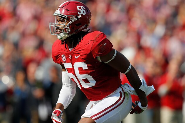 TUSCALOOSA, AL - NOVEMBER 12:  Tim Williams #56 of the Alabama Crimson Tide reacts after his first sack against Nick Fitzgerald #7 of the Mississippi State Bulldogs at Bryant-Denny Stadium on November 12, 2016 in Tuscaloosa, Alabama.  (Photo by Kevin C. Cox/Getty Images)
