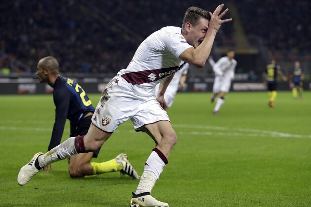 Torino's Andrea Belotti celebrates after scoring during the Serie A soccer match between Inter Milan and Torino at the Milan San Siro stadium, Wednesday, Oct. 26, 2016. (AP Photo/Luca Bruno)