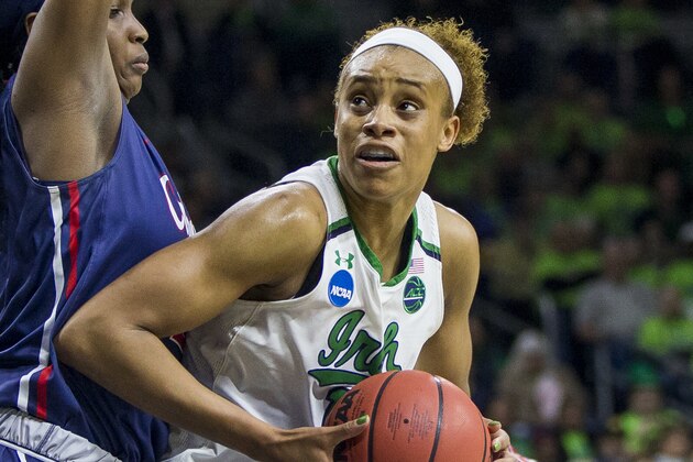 Notre Dame's Brianna Turner (11) gets pressure from Robert Morris' Mikalah Mulrain, left, during a first-round game in the women's NCAA college basketball tournament, Friday, March 17, 2017, in South Bend, Ind. (AP Photo/Robert Franklin)